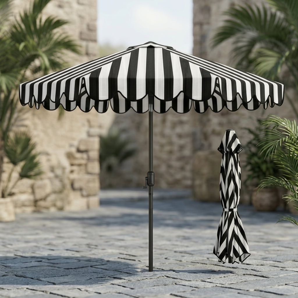 Monochrome Stripe Scalloped Patio Umbrella