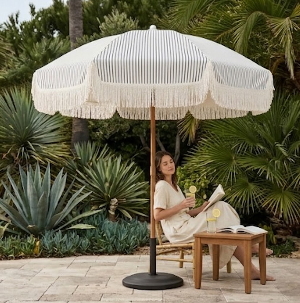 Vintage Striped Fringe Beach and Patio Umbrella