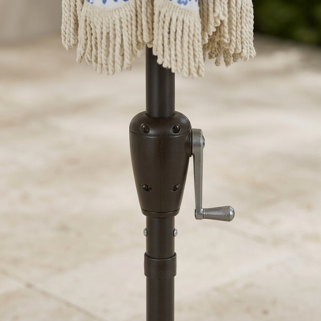 Vintage Blue Floral Scalloped Patio Umbrella with Tassel Fringe
