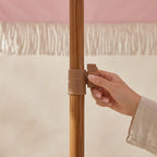 Vintage Pink and White Striped Fringe Beach Umbrella