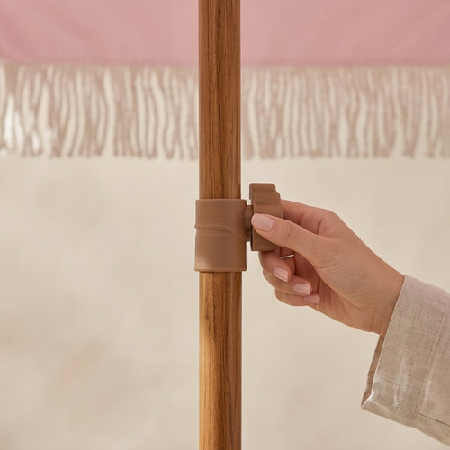 Vintage Pink and White Striped Fringe Beach Umbrella