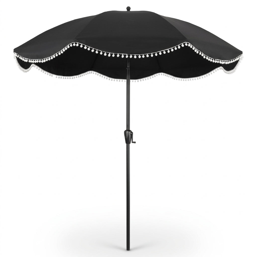 Chic Black Scalloped Patio Umbrella with Pom-Pom Fringe