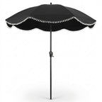 Chic Black Scalloped Patio Umbrella with Pom-Pom Fringe