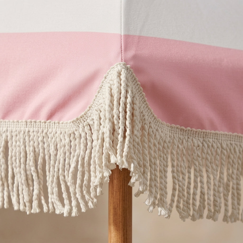 Vintage Pink and White Striped Fringe Beach Umbrella