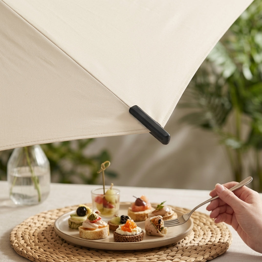 Crank-Lift Patio Umbrella with Tie Strap - Cream Canopy