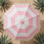 Vintage Pink and White Striped Fringe Beach Umbrella