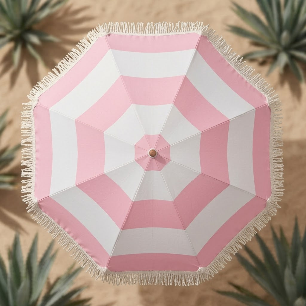 Vintage Pink and White Striped Fringe Beach Umbrella