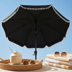 Chic Black Scalloped Patio Umbrella with Pom-Pom Fringe