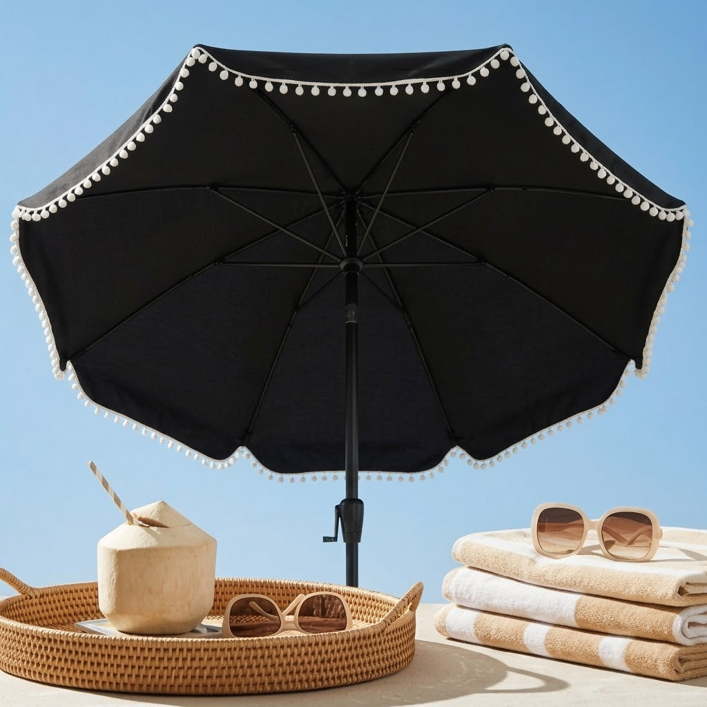 Chic Black Scalloped Patio Umbrella with Pom-Pom Fringe