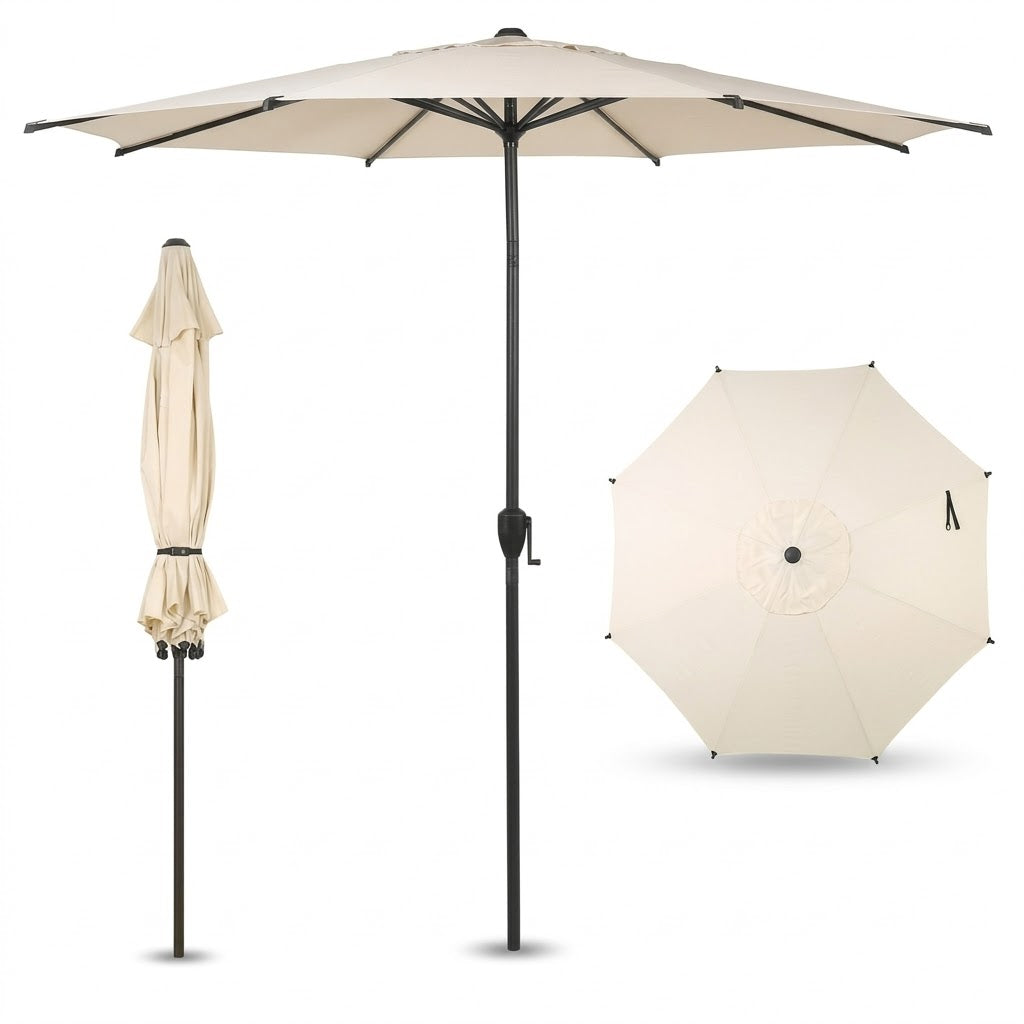 Crank-Lift Patio Umbrella with Tie Strap - Cream Canopy