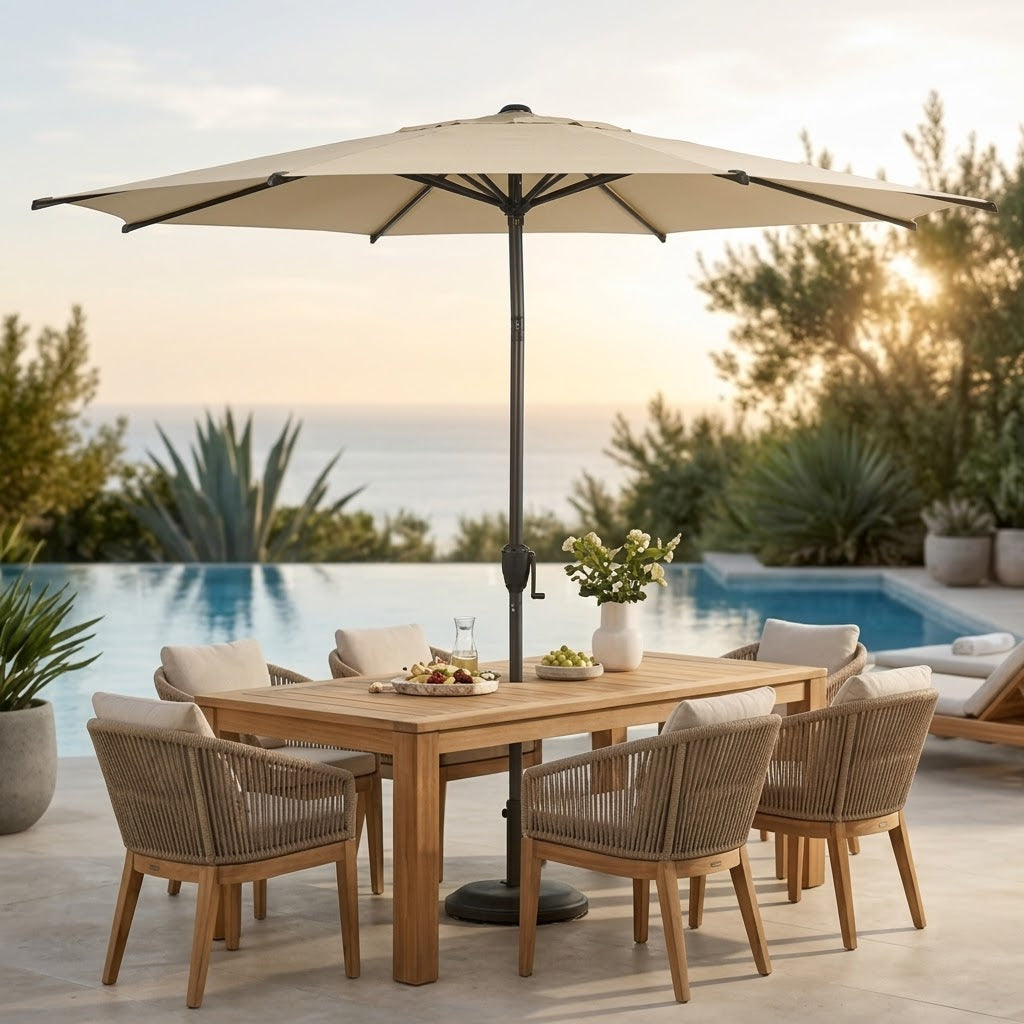 Crank-Lift Patio Umbrella with Tie Strap - Cream Canopy