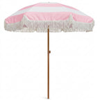 Vintage Pink and White Striped Fringe Beach Umbrella