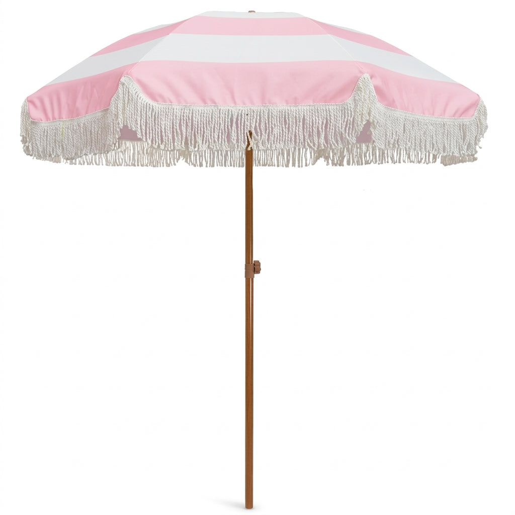 Vintage Pink and White Striped Fringe Beach Umbrella