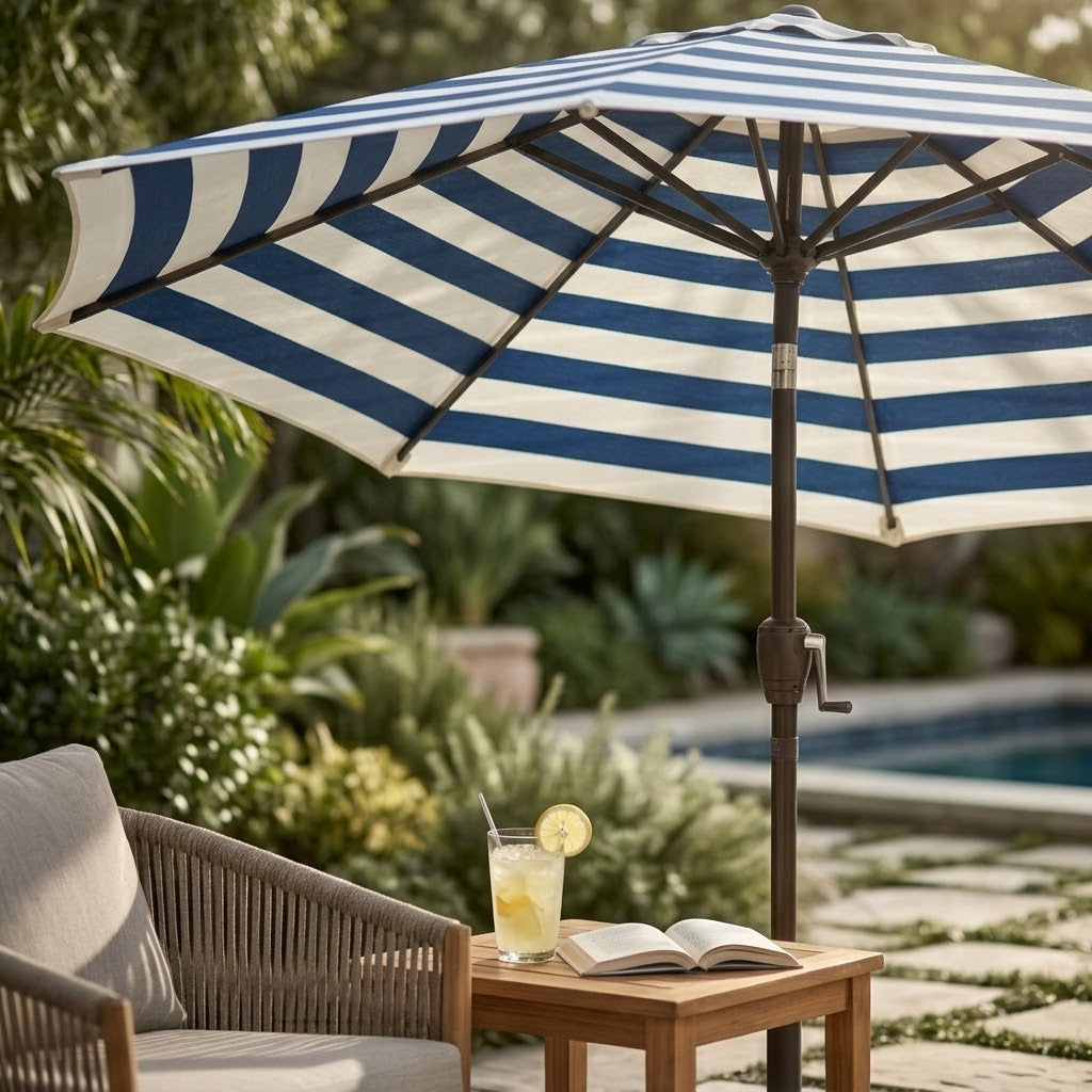 Classic Navy and White Striped Patio Umbrella with Crank Lift