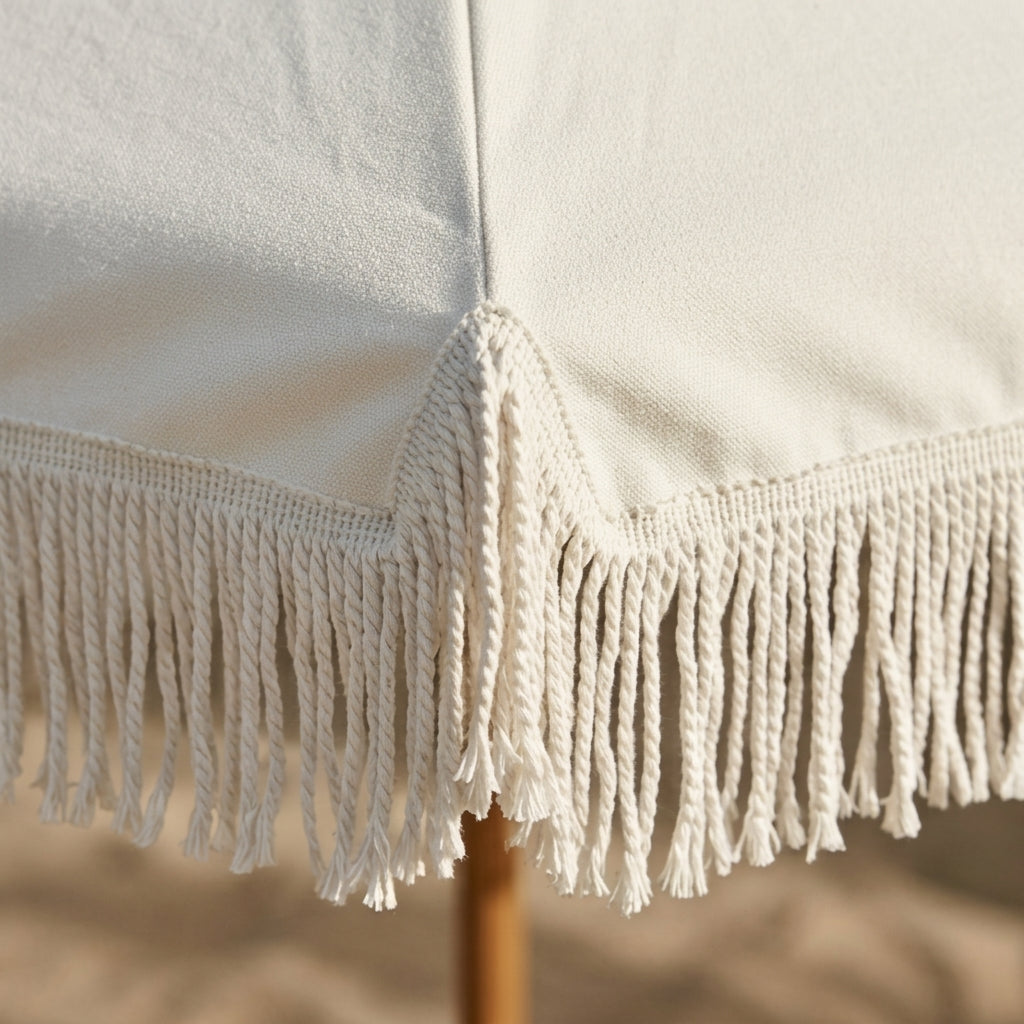 Gemini said Vintage White Fringe Beach Umbrella
