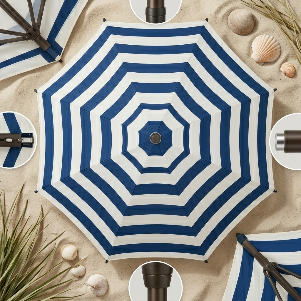 Classic Navy and White Striped Patio Umbrella with Crank Lift