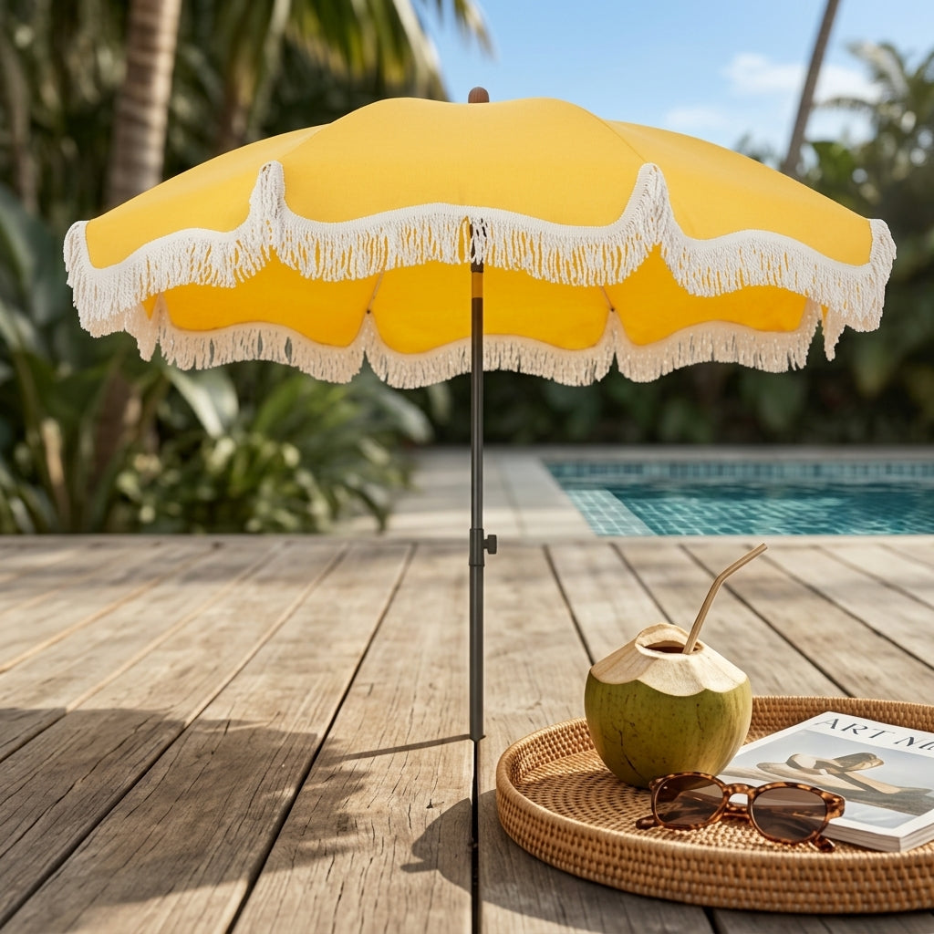 Sunny Yellow Scalloped Fringe Patio Umbrella