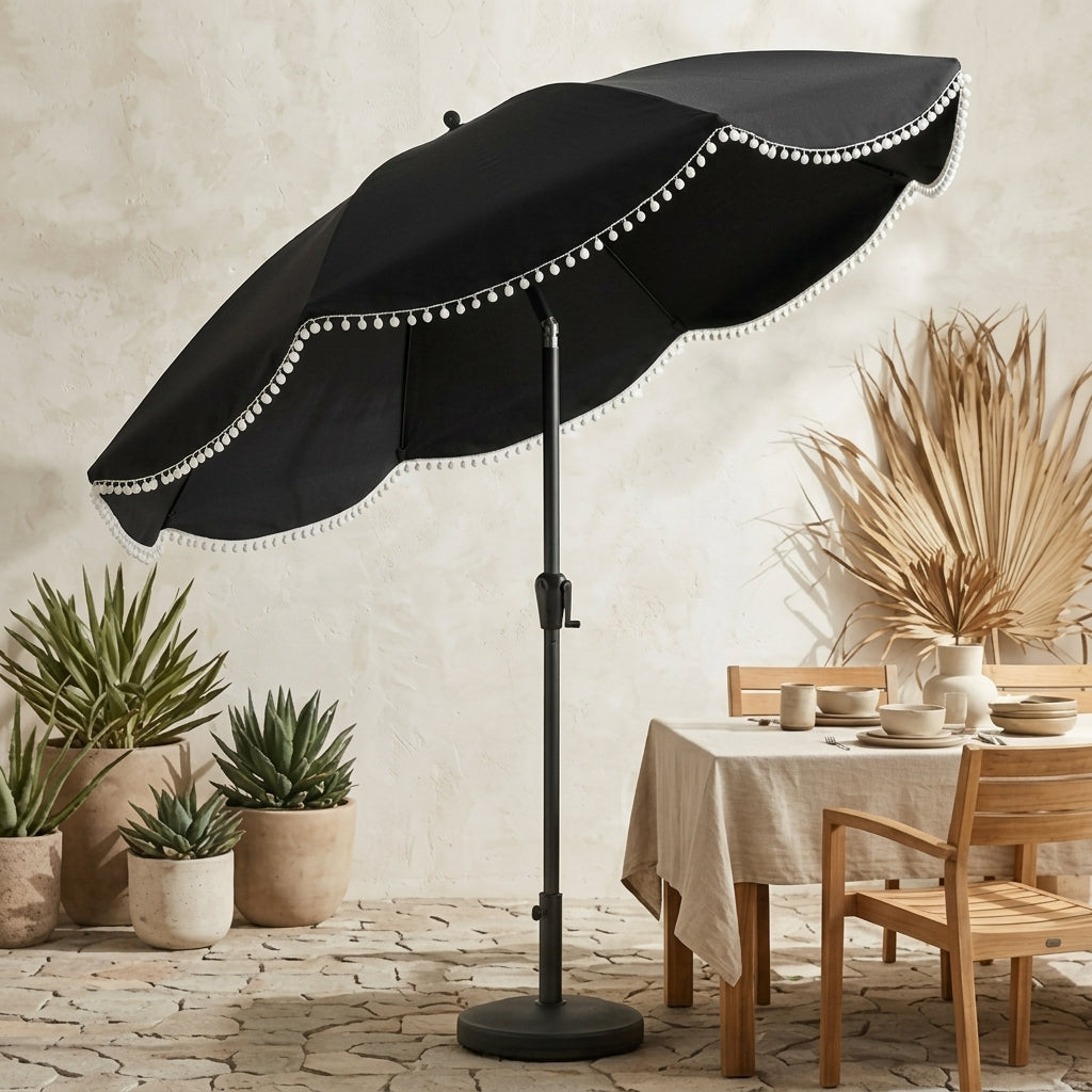 Chic Black Scalloped Patio Umbrella with Pom-Pom Fringe