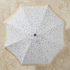 Vintage Blue Floral Scalloped Patio Umbrella with Tassel Fringe