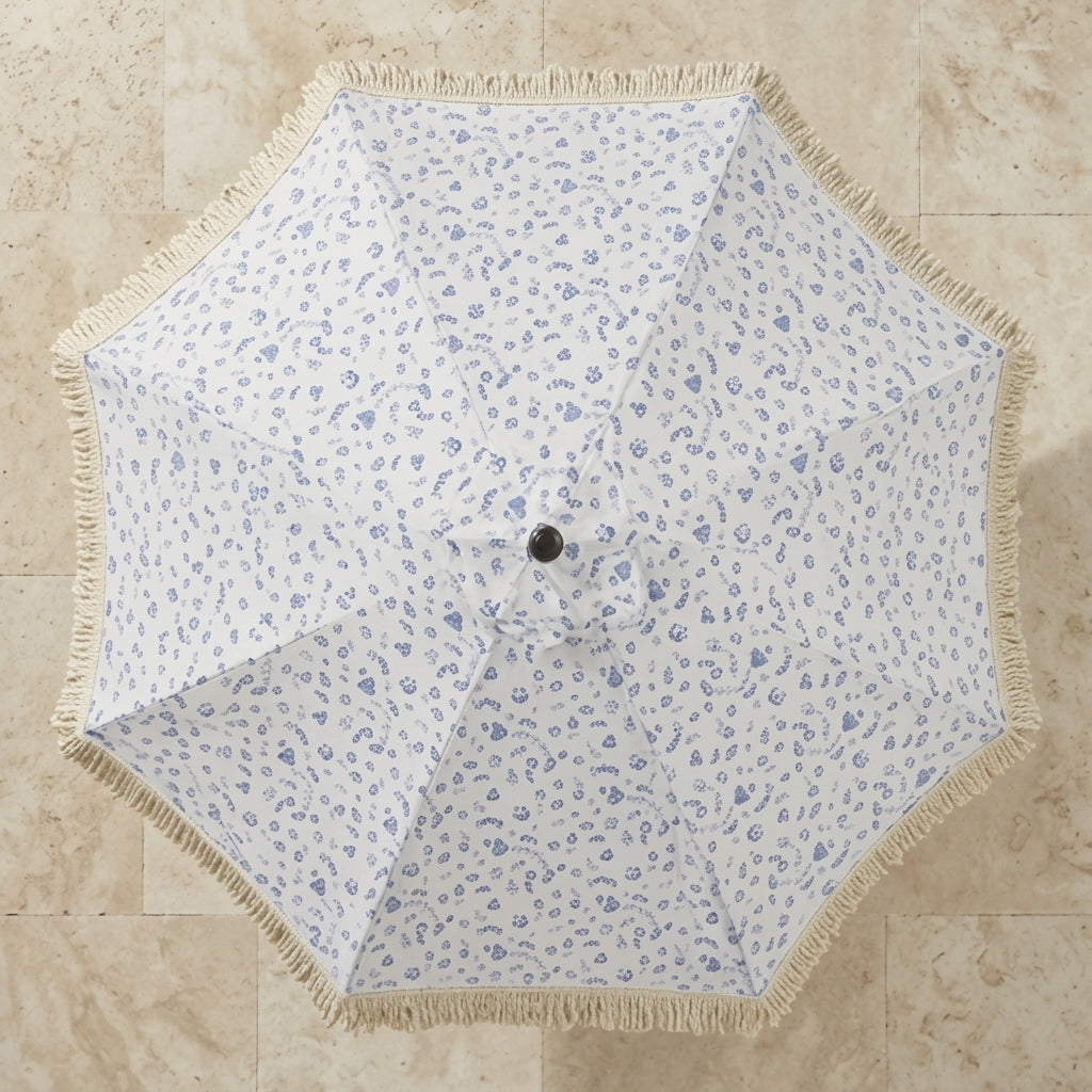 Vintage Blue Floral Scalloped Patio Umbrella with Tassel Fringe