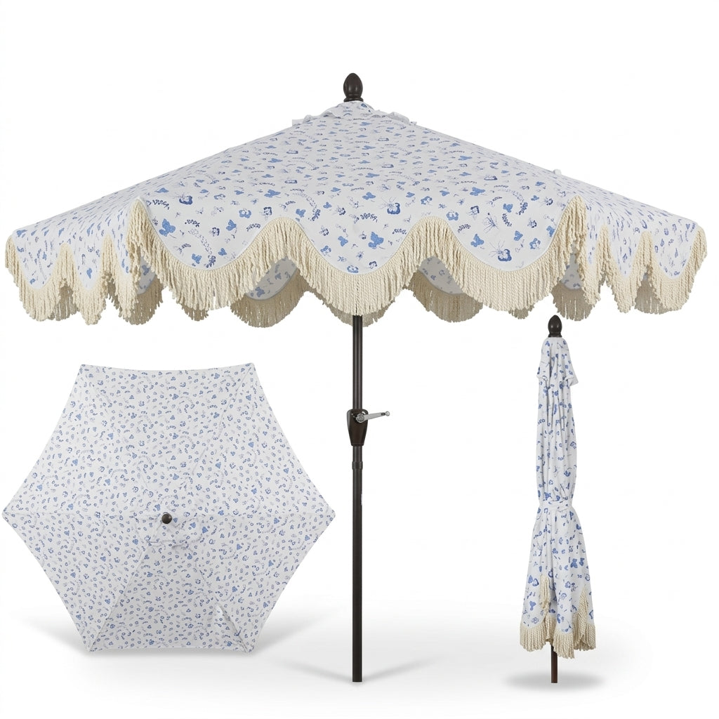 blue patterned patio umbrella Our Beach Umbrella 6ft 8-rib Printed Porcelain tilt and crank mechanism and a sturdy pole that fits most patio tables and umbrella stands Hand Painted Patio Umbrellas