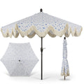 Vintage Blue Floral Scalloped Patio Umbrella with Tassel Fringe