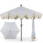 Vintage Blue Floral Scalloped Patio Umbrella with Tassel Fringe