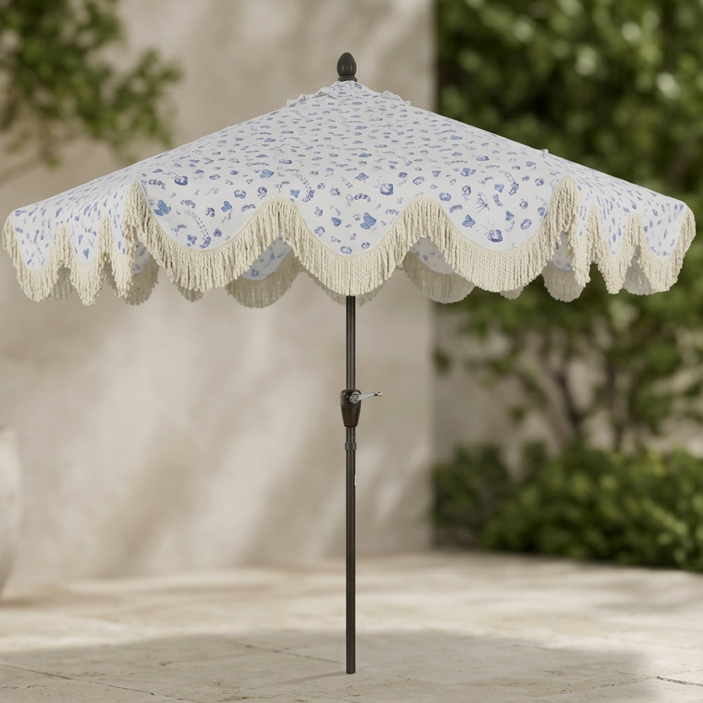 Vintage Blue Floral Scalloped Patio Umbrella with Tassel Fringe