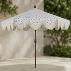 Vintage Blue Floral Scalloped Patio Umbrella with Tassel Fringe