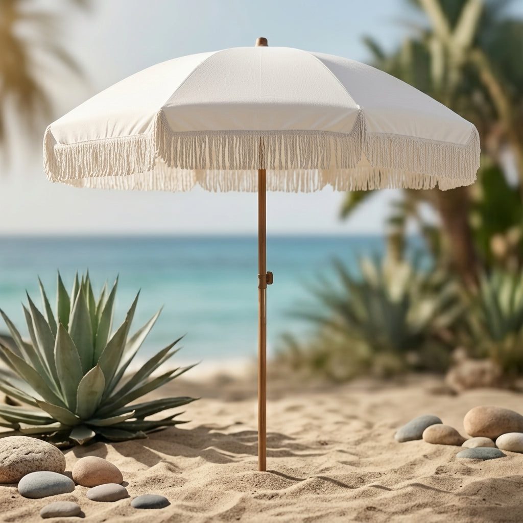 Gemini said Vintage White Fringe Beach Umbrella