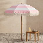 Vintage Pink and White Striped Fringe Beach Umbrella