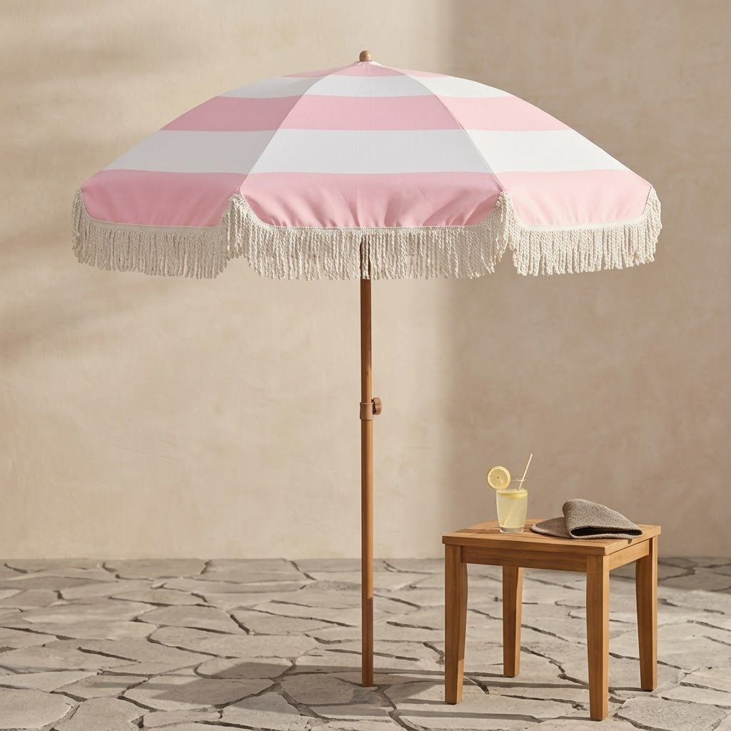 Vintage Pink and White Striped Fringe Beach Umbrella
