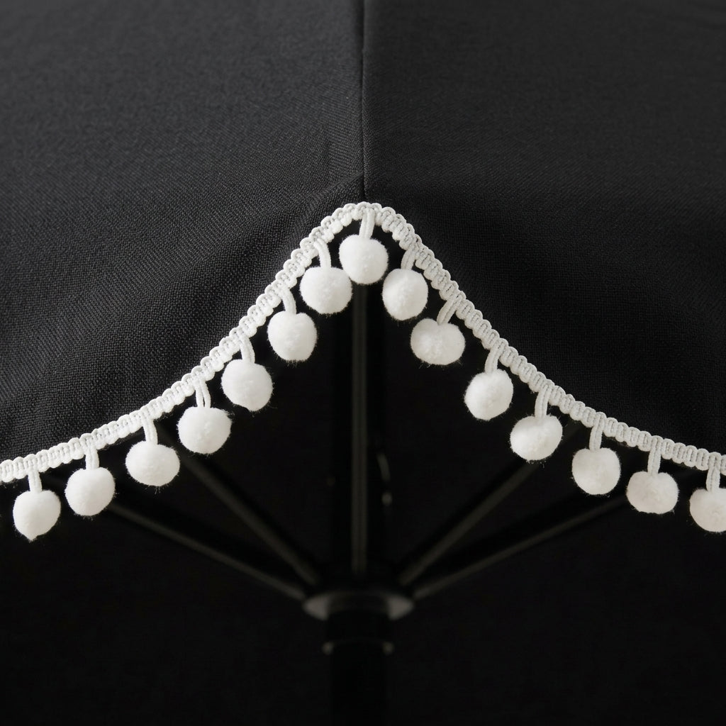 Chic Black Scalloped Patio Umbrella with Pom-Pom Fringe
