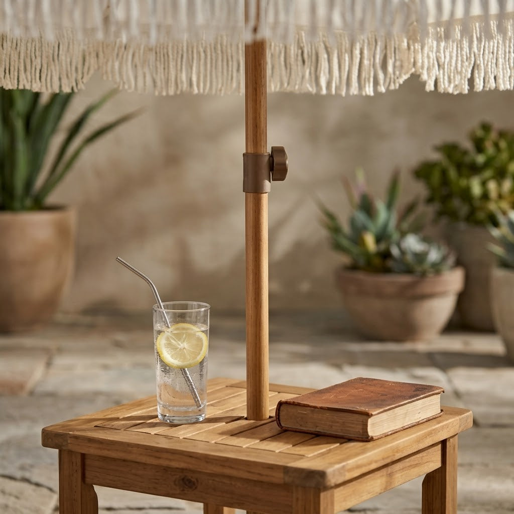 Gemini said Vintage White Fringe Beach Umbrella